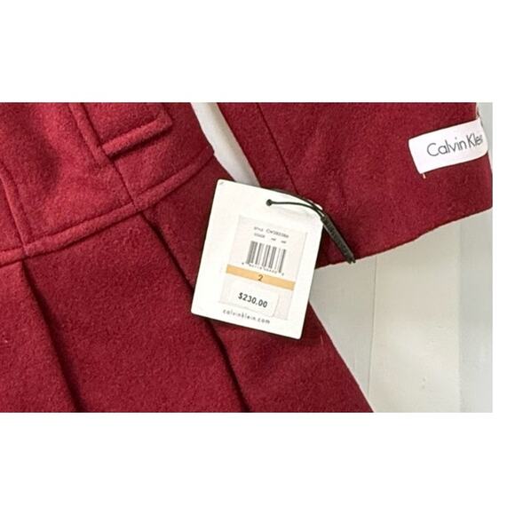 NEW CALVIN KLEIN Sz 2 Skirted Wool Trench Coat Pleated Double Breast Burgundy - Picture 4 of 9